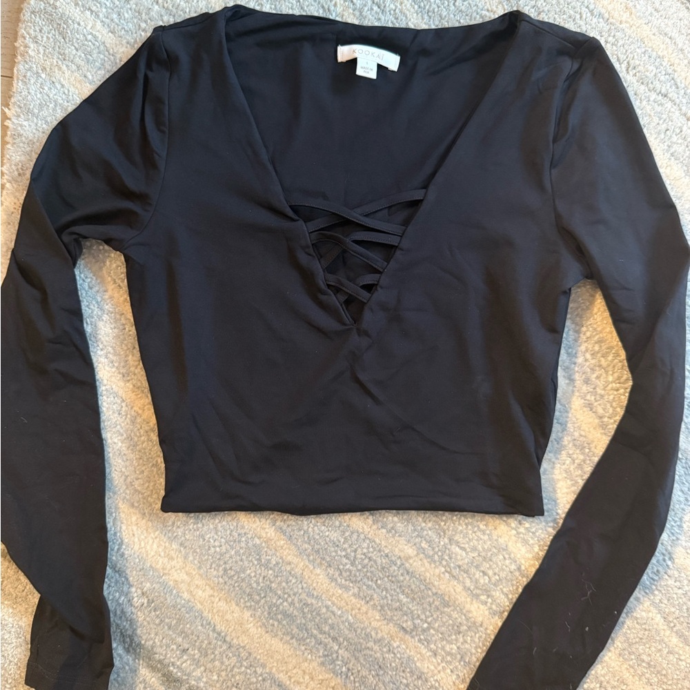 Kookai Black Long Sleeve Crisscross V-Neck Top